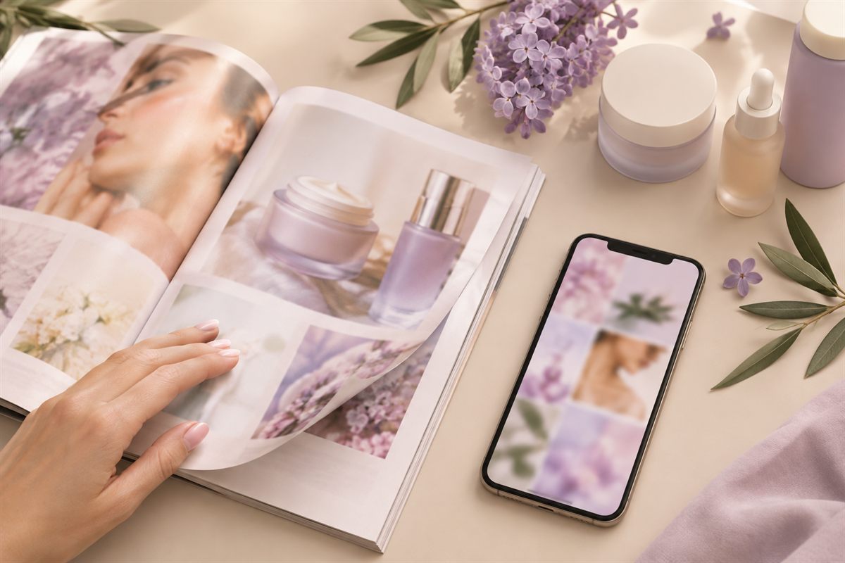 Catálogo de belleza abierto junto a perfumes y flores